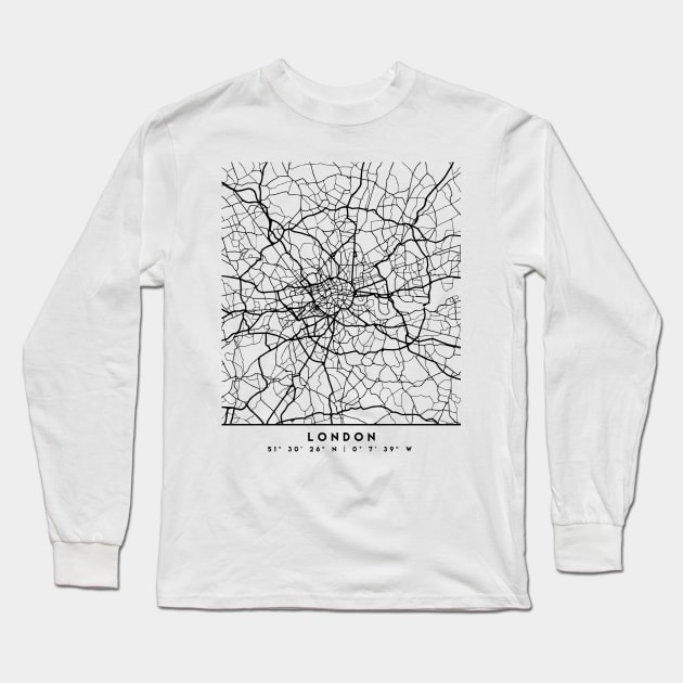 LONDON ENGLAND BLACK CITY STREET MAP ART Long Sleeve T-Shirt by deificusArt